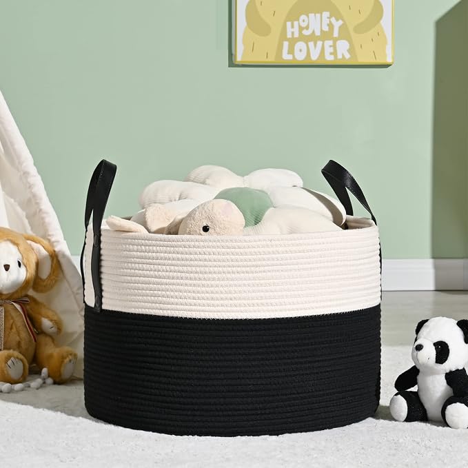 KAKAMAY Large Blanket Basket (20"x13"),Woven Baskets for storage Baby Laundry Hamper, Cotton Rope Blanket Basket for Living Room, Laundry, Nursery, Pillows, Baby Toy chest (White/Black) | Extra Large Capacity | Natural Cotton Rope | Blanket Storage | W...