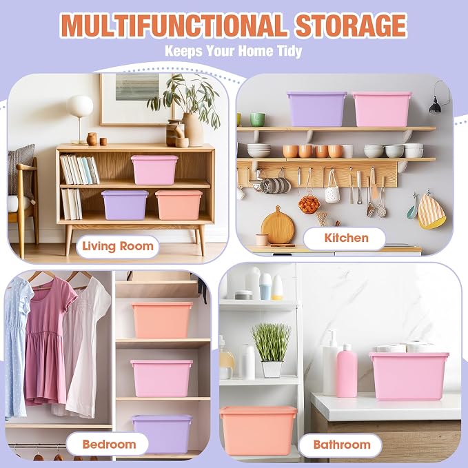 Potchen 6 Pack Small Stackable Storage Bins with Lids Plastic Storage Boxes for Classroom 9.8" ×7.3" ×5.7" Decorative Organizer Bins for Craft Art Office Teacher Supplies (Pink,Purple,Orange)