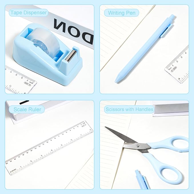 COMFYROOM Desk Accessories with Pen Holder, Office Supplies Desk Organizers and Accessories, Tape Dispenser, Stapler, Staple Remover, Staples, Clips Set, Ruler, Scissor, Pen, Tape (Blue)