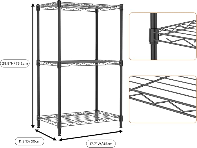 M MZG 3 Tiers Shelf Metal Storage Shelves Wire Rack Closet Organizers with Wheel for Garage Kitchen Bathroom Laundry Black 11.8" D x 17.7" W x 28.8" H