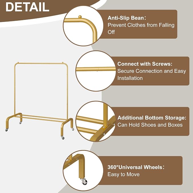 Metal Clothing Rack with Wheels 43.3 Inches Rolling Clothes Garment Coat Rack with Bottom Shelf Clothing Rack for Hanging Clothes Coats Skirts Shirts Sweaters Gold