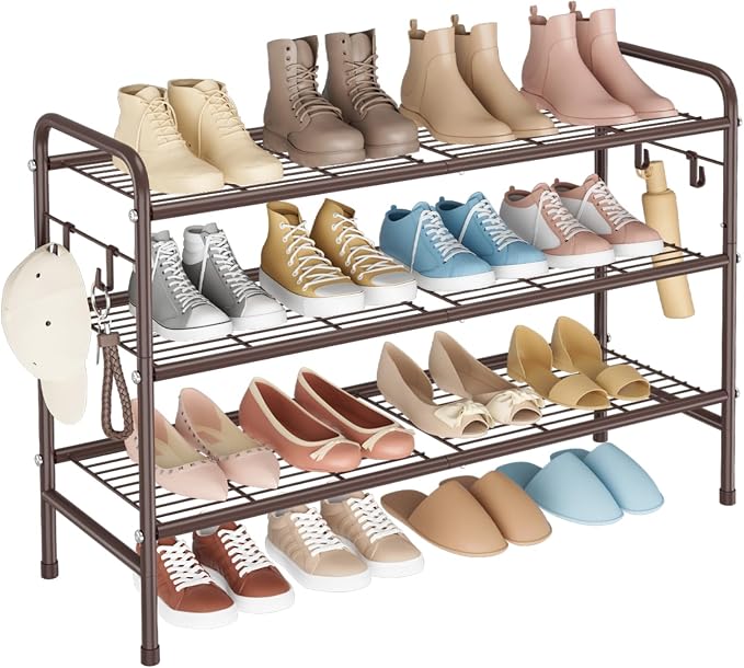 VILICK 3 Tier Shoe Rack 33" Wide Metal Shoe Organizer Long Shoe Storage with 4 Side Hooks Sturdy Shoes Shelf for Front Door Entrance, Closet, Garage, Dorm, Brown