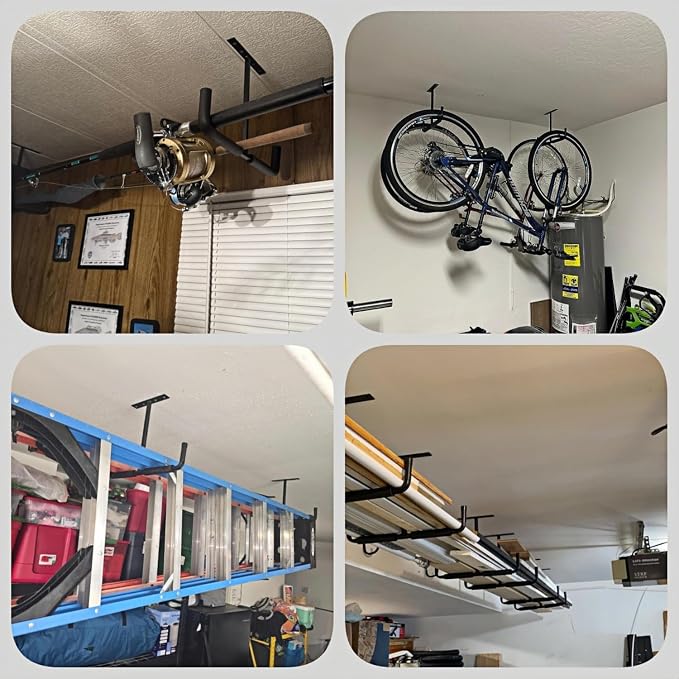 Overhead Garage Storage Hooks, Heavy Duty Double Ceiling Rack for Lumber Ladder Bikes Tires & Other Bulky Items (2)