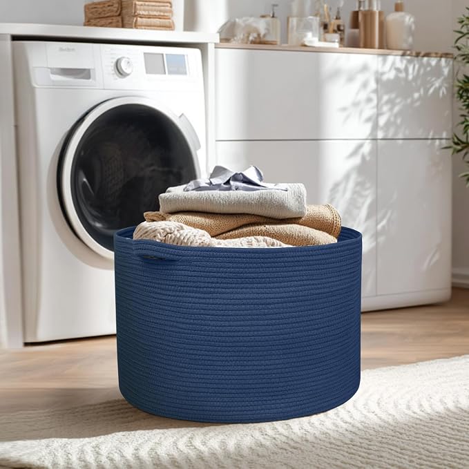115L Dark Blue Basket for Organizing, 23.6" x 15.7" XXXL Woven Cotton Rope Laundry Basket, Oversized Blanket Storage for Living Room Bedroom, Kids Toy Box Organizer, Pool Towel Storage Bin