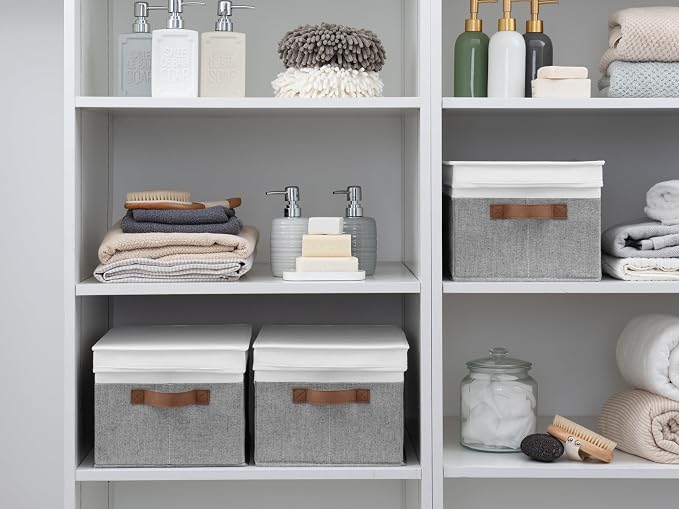StorageWorks Fabric Storage Bins with Lids, Decorative Storage Bins with PU Handles, Foldable Storage Baskets for Closet, Shelves, Stackable and Sturdy Organization, Gray and White, Large, 3-Pack