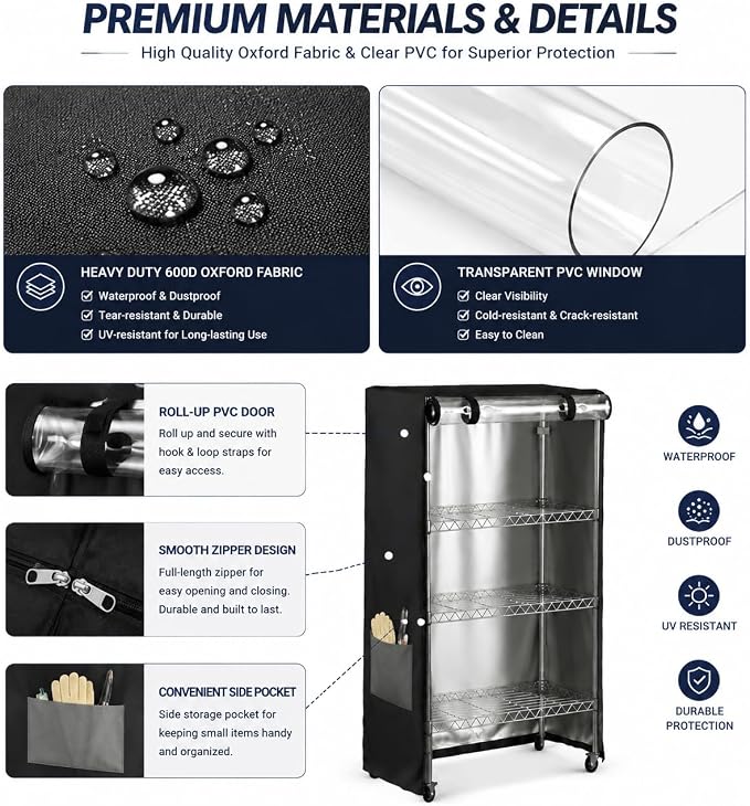 Wire Shelving Storage Cover Waterproof Dustproof Clear Window 600D 36x18x72 | garage kitchen basement storage, protects items from dust dirt and moisture, easy maintenance