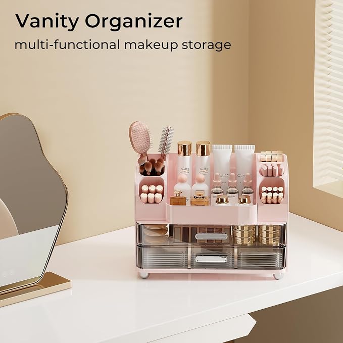 UFORU Makeup Organizer Countertop with 2 Large Drawers for Vanity Bathroom | Brush Holder, Large Capacity, Thickened Plastic, Compact Footprint, Space-Saving Design, Easy Clean, Ideal for Dorm Rooms
