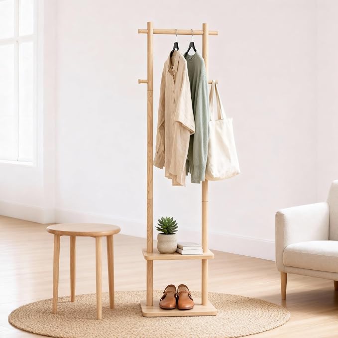 Wooden Coat Rack Freestanding,Hall Tree with Sturdy Base,Clothing Rack for Hanging Clothes,Small Clothes Rack with 3 Storage Shelves,Space Saving for Entryway, Hallway, Bedroom (Natural)