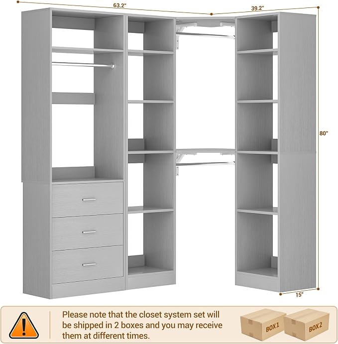 Besiost Corner Closet System with 3 Drawers, Corner Closet Organizer System with 13 Shelves & 3 Hanging Rods, 63.2"L * 39.2"W Reversible L Shaped Walk-in Closets, Load 2000+LBS, Grey