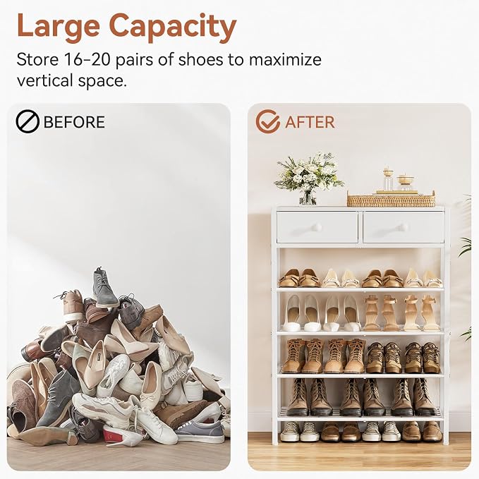5 Tier Shoe Rack with 2 Drawers, 16-20 Pairs Greige | Holds 16-20 pairs. 2 drawers for socks/keys. Removable layer for boots. Anti-tip kit included. Quick assembly.