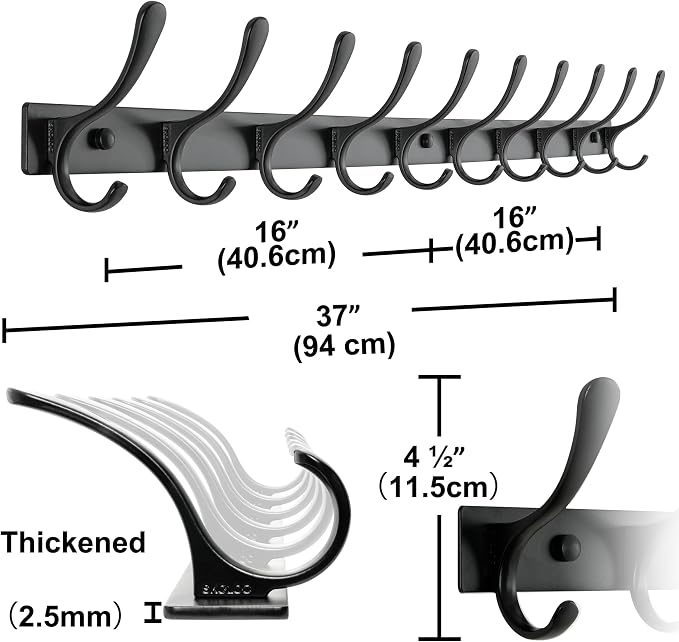SKOLOO Coat Rack Wall Mounted - 10 Hooks, Pack of 2, Heavy Duty, Stainless Steel, Metal Wall Hanger, Sturdy Coat Hooks for Hanging Coats, Jacket, Clothes, Hat, Black