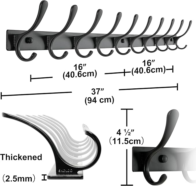 SKOLOO Coat Rack Wall Mounted - 10 Hooks, Heavy Duty, Stainless Steel, Metal Wall Hangers, Sturdy Coat Hooks for Hanging Coats, Jacket, Clothes, Hat, Black