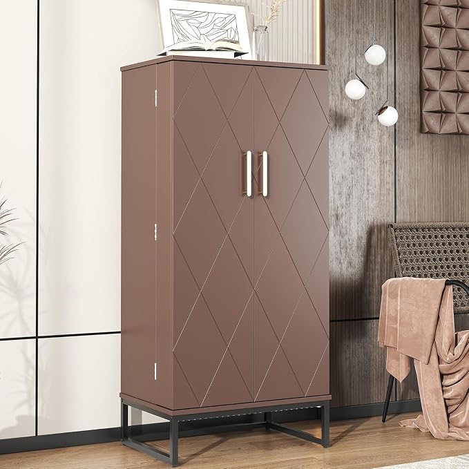 kepptory 51" Pantry Cabinet with Diamond-Patterned Doors and Golden Handles, Freestanding Kitchen Storage Cabinet with 17 Shelves, Tall Metal Base, Adjustable Feet, Grey (Brown, 16"D x 24"W x 51"H)