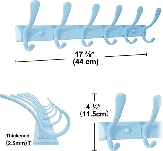 SKOLOO Heavy Duty Wall Mounted Coat Rack - 6 Hooks, Stainless Steel, Pack of 2, Sturdy Coat Hooks for Hanging Clothes, Jacket, Hat, Blue