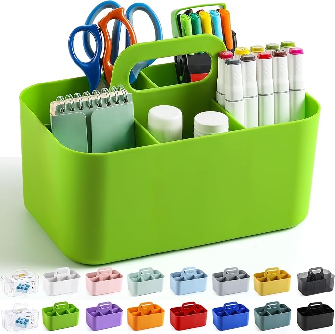 Multiuse Caddy Organizer with Handle, Portable Divided Plastic Tote Bin - Art Craft, Stationary Pen Marker Crayons, Makeup Hair Supplies Storage - Bathroom, Classroom, Dorm, Office, Desk Holder -Green