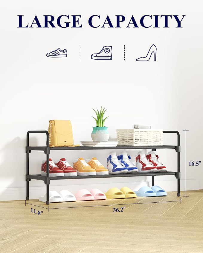 Kitsure Shoe Rack for Closet, Shoe Storage, 36.2" Wide - 2 Tiers, Black | Shoe Organizer for Closet, Entryway, Living Room, Space-Saving Shoe Shelf, Sturdy Zapateras Organizer