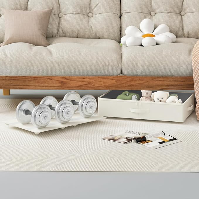 EE-RoomWorld Under Bed Storage with Wheels, No Assemble Required 5.5 inches height beige under bed storage bins,Low Profile Rolling Underbed Shoe Storage containers,dorm underbed storage drawers