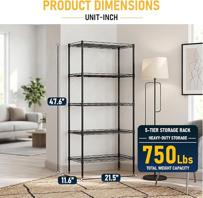 FDW 5 Tier 22L x 12W x 48H Pantry Shelves Adjustable Storage Rack Metal Shelf NSF Shelving Units for Kitchen Garage Small Places Commercial,Black