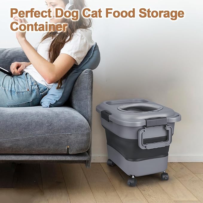Dog Food Storage Container,23-25 lbs Airtight Collapsible Cat Food Storage Container with Attachable Wheels, Portable Handle, Dog Food Scoop for Dog Cat Bird Pet Dry Food Storage Bin Dark Grey