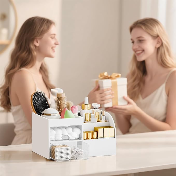 Makeup Organizer with 2 Drawers, Makeup Organizers Countertop for Vanity and Bathroom, Make up organization and Skincare Storage with Brush Holder, for Dresser, Desktop, Cosmetic Display Case (White)