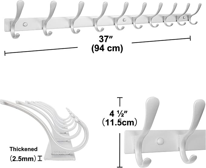 SKOLOO Coat Rack Wall Mounted - 10 Hooks, Pack of 2, Heavy Duty, Stainless Steel, Metal Wall Hangers, Sturdy Coat Hooks for Hanging Coats, Jacket, Clothes, Hat, Cold Light Silver