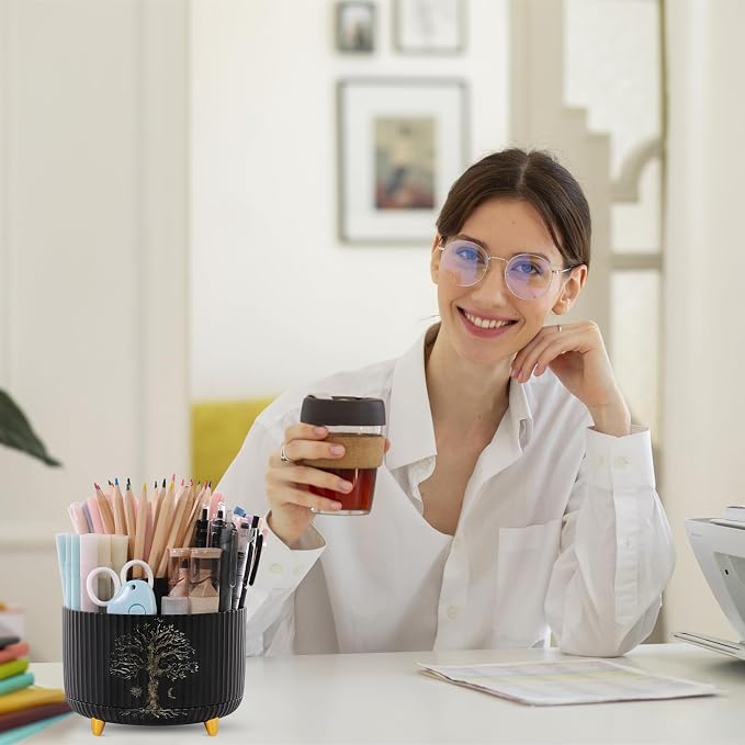 SKYDUE 360 Degree Rotating Desk Organizer, Dual-Purpose Pencil Pen Holder for Desktop, Desk Pen Organizer with 5 Slots, Office Supplies, Pencil Cup for Office, School, Home