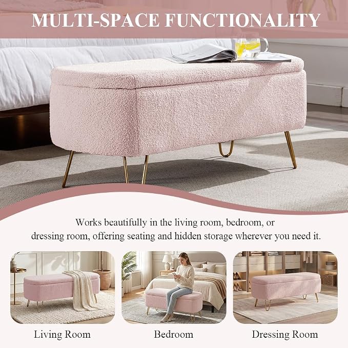 Modern Storage Ottoman Bench, Teddy Upholstered Entryway Bench with Gold Legs, Vintage End of Bed Bench with Safety Hinge, Padded Bench with Storage for Living Room, Bedroom, Entryway (Pink)