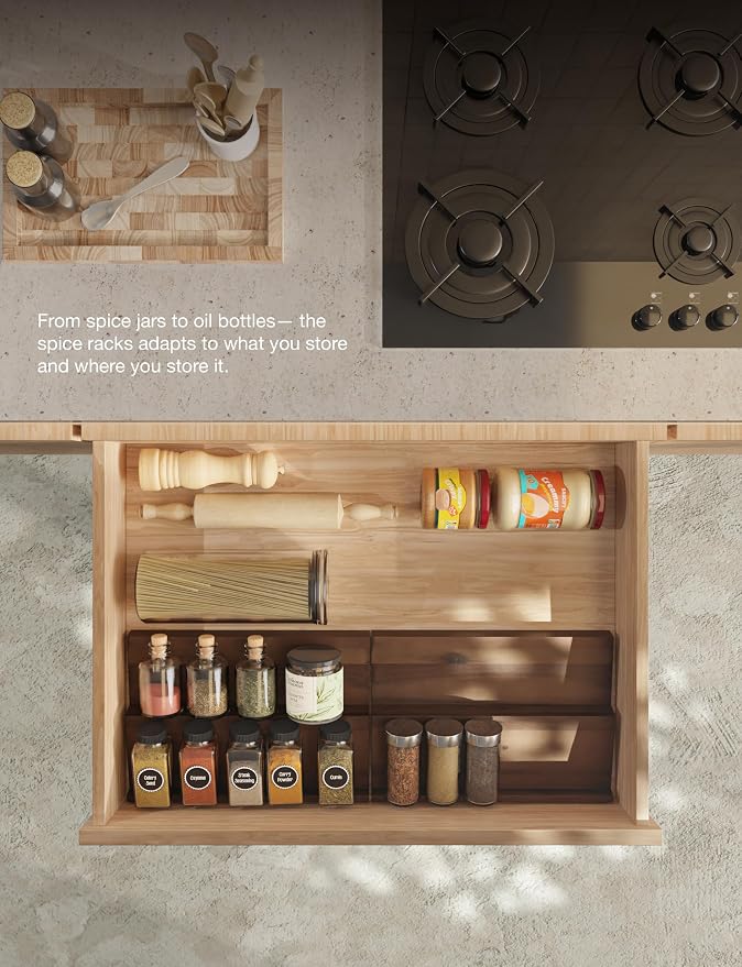 Tinamo Acacia Wooden Spice Rack Organizer for Cabinet - Spice Drawer Insert, Spice Organization for Cabinet, Seasoning Organizer, Spice Holder Pack of 4 (Walnut, Pack 4) | Acacia Wood Construction, No assembly, Stackable 4-tray Design, Spacious for up ...
