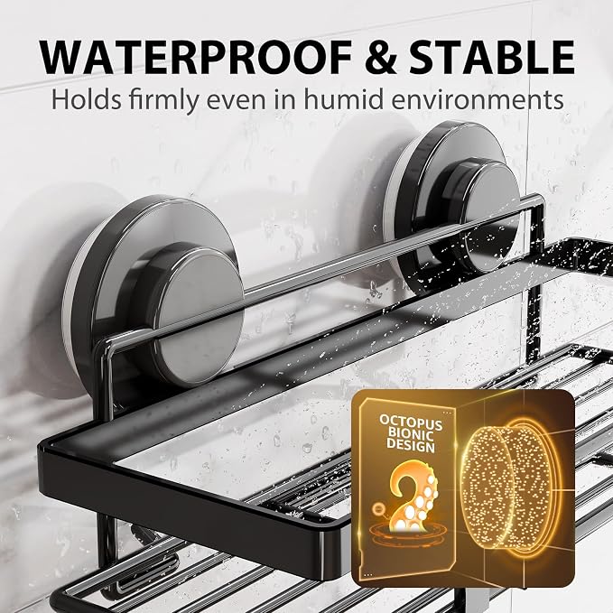 LEVERLOC 2 Pack Shower Caddy Suction Cup, Shower Shelves for Inside | Rustproof Bathroom Storage, NO Drill Bathroom Organizer, Heavy Duty Storage Basket, Black Shower Caddies, Metal Shower Shelf