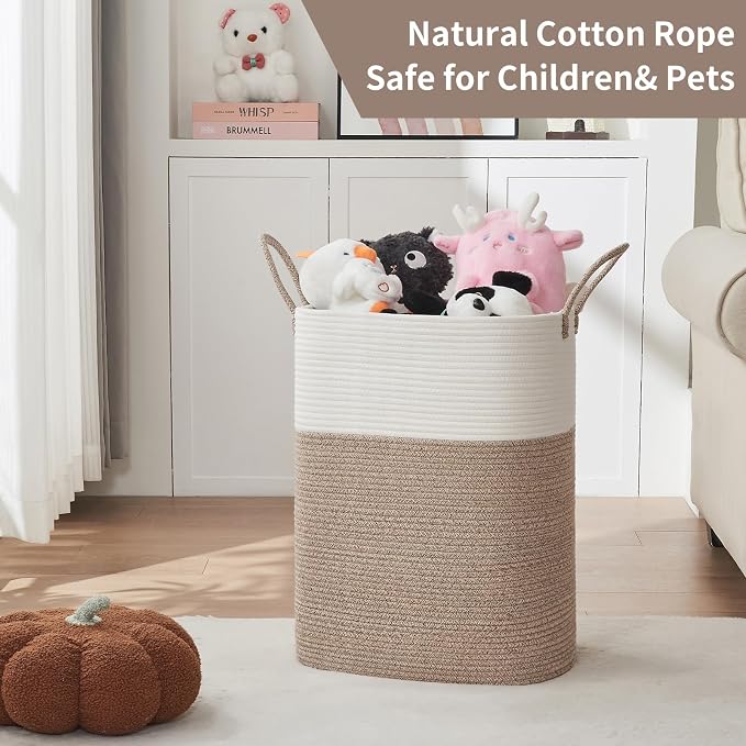 AINUOQI Laundry Basket with Handles - Blanket Basket & Hampers for Bedroom Aesthetic, Laundry Hamper & Blanket Storage for Living Room, Clothes Hamper, Tall, Large 17" x 14" x 26”, White & Rice Brown