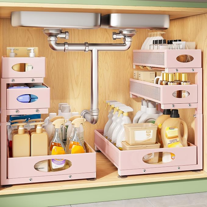 Kitstorack Under Sink Organizer 3-Tier Slide Out Drawer 2-Pack Pink | Height Adjustable, Metal Mesh Storage Rack, Pull out Cabinet Organizer Shelf for Bathroom Kitchen Pantry Home Organization