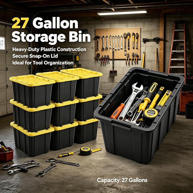 6 Pack, Large 27 Gallon Durable Plastic Storage Bin with Snap-On Lid, Storage Bin for Home Garage Organization, Black and Yellow