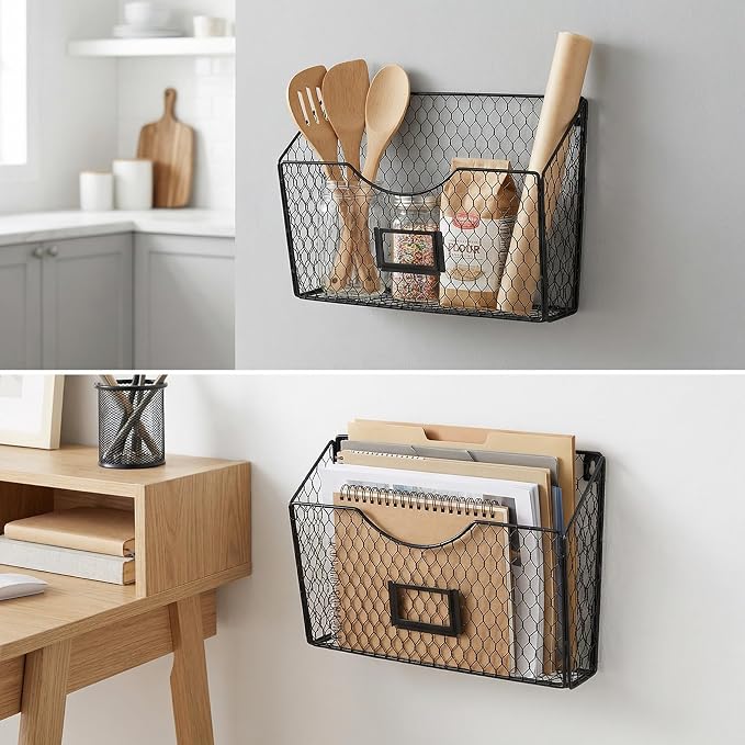 3 Pockets Hanging File Holder Wall Mount Mail Organizer Metal Chicken Wire Magazine Rack with Tag Slot, Black