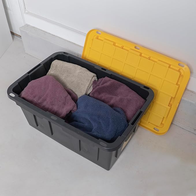 CX Heavy Duty 27-Gallon Stackable Plastic Storage Bins with Lids, 2 Pack | Storage totes for garage organization, Stackable containers, weather-resistant, snap lid, 14.3H x 20.6W x 30.6D, Black/Yellow