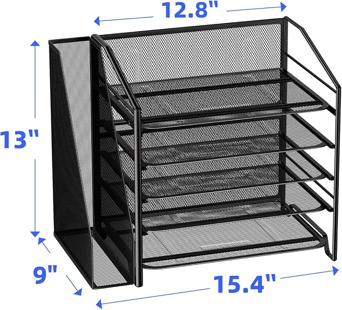 Simple Trending 5-Tier Desk File Organizer, Paper Organizer, Black | Adjustable Letter Trays, Side File Shelf,Durable Steel Mesh, Space Saving, for Home Office, 15.4"L x 9"W x 13"H