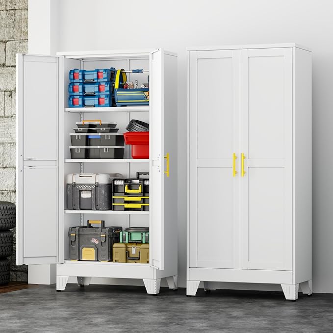 61" White Metal Storage Cabinet with 2 Doors and 3 Adjustable Shelves,Steel Garage Tool Cabinet, File Cabinet,Kitchen Pantry Cabinet for Home,Office,Garage,School,Warehouse