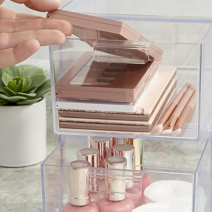 STORi Audrey Stackable Clear Bin Plastic Organizer Drawers | 2 Piece Set | Organize Cosmetics and Beauty Supplies on a Vanity | Made in USA