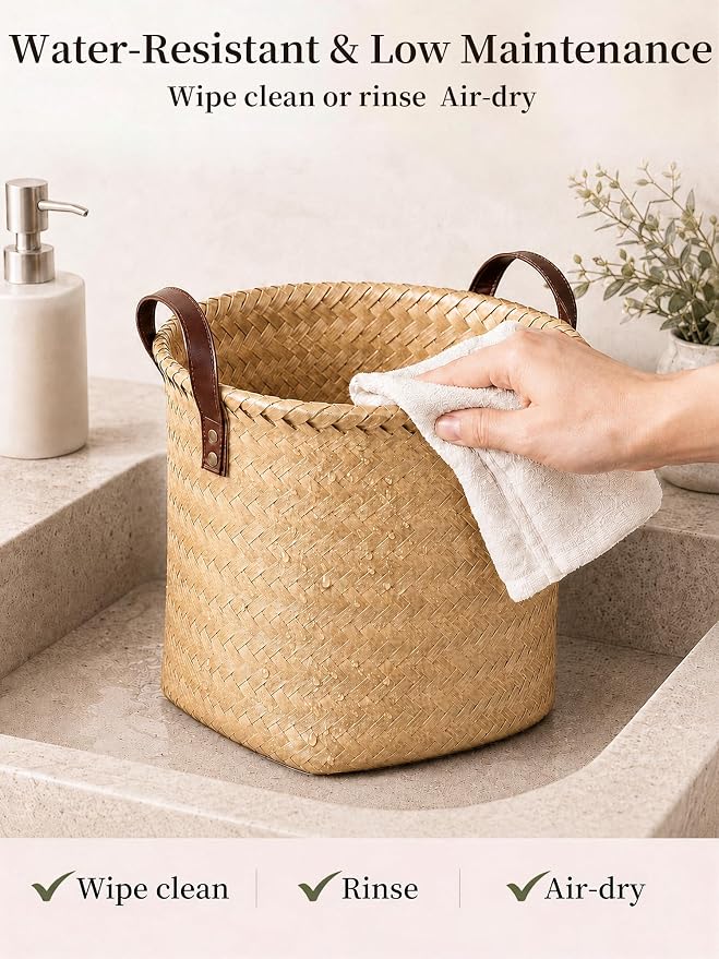 Wicker Storage Baskets, 4 Pack Woven Baskets for Shelves, Yellow | PP Rattan, Water-resistant Wicker Basket, Large Baskets with Faux Leather Handles for Blanket, Laundry Organizer, Room Decor