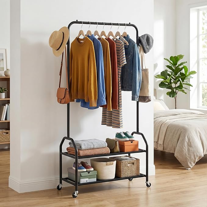 EVLIQUIL Metal Garment Rack with 2-Tier Shelves, Wheels & Side Hooks, Black