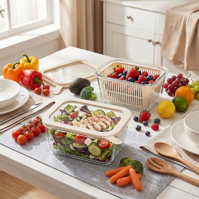 Glass Food Storage Containers with Glass Lids, Microwave Safe Food Container Set, Aitight Meal Prep Container Set, BPA Free, 2 extra Colanders, LeakProof, 2 Pack of 60oz