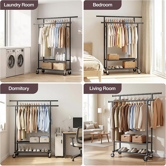 Portable Clothes Rack Rolling Garment Rack with Wheels 260LBS Black | Clothing Rack Hanging Clothes,Closet Rack Double Shelves Double Rods, Metal Garment Rack for Bedroom Laundry Living room
