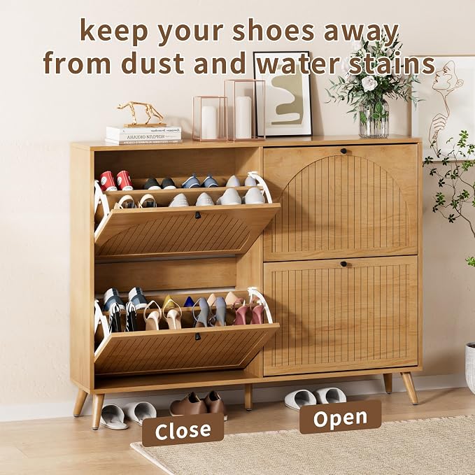 Fsbecl Shoe Storage Cabinet for Entryway with 4 Fluted Flip Drawers, Oak | Narrow Design, Freestanding Shoe Rack with Adjustment Shelves, Wooden Hidden Organizer for Hallway Foyer, 16-24 Pairs