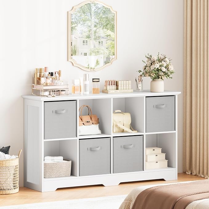 8 Cube Storage Organizer Shelf, Wood Cubby Storage with 4 Fabric Drawers | 2 Tier Wooden Bookshelf with 2 Adjustable Shelves, Fluted Side Panels Bookcase for Bedroom, Living Room, Home Office, White