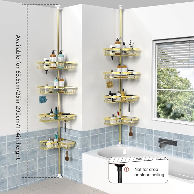 KEGII Corner Shower Caddy Tension Pole, Bathroom Storage Rack, Gold | Stainless Steel 4-Tier Shower Shelf with Hooks and Soap Holder, Waterproof Rustproof Organizer for Renters and Families