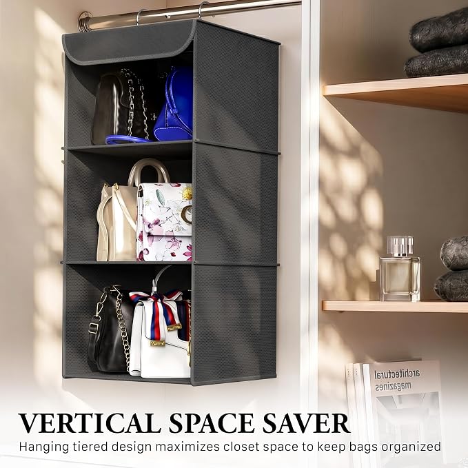 Simple Houseware 3 Shelf Hanging Closet Organizer, Dark Gray | 360° Rotating Dual Hooks, Top Support Metal Frame