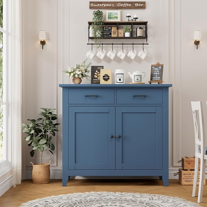 HORSTORS Farmhouse Kitchen Storage Cabinet, Small Buffet, Coffee Bar, Blue | Buffet Sideboard with 2 Drawers & 2 Doors, 35.8"W Coffee Table, Sapce-saving Kitchen Cabinet for Dining Living Room, Entryway