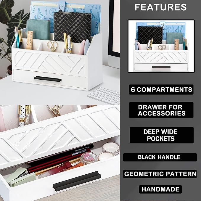 dreampossible Wood Desk Organizer and Accessories with Drawer, Bill Mail Organizer and File Mail Holder for Office Supplies, Modern Desk Accessories & Workspace Organizers for Desk Organization