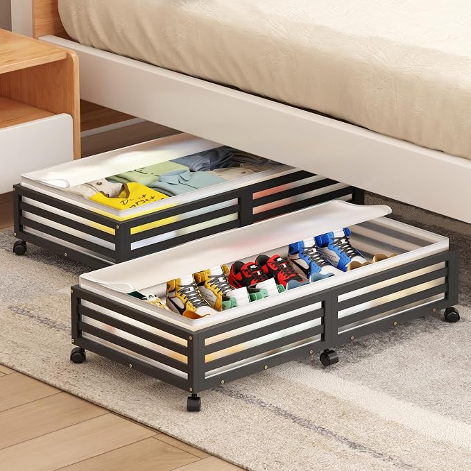 Under Bed Storage with Wheels, 2 Pack Bamboo Drawers for Shoes and Clothes | Fitted dustproof bags, stackable design, smooth pullout access for bedding, blankets, toys and seasonal essentials