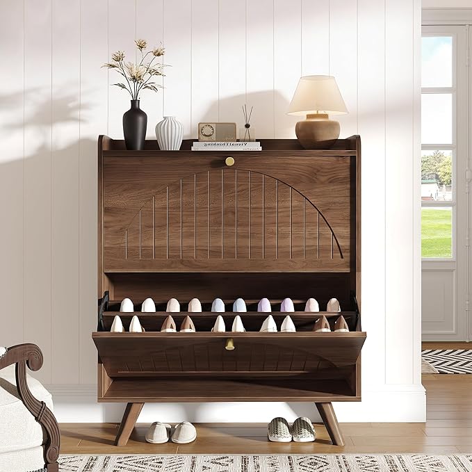 Decofy Shoe Cabinet with 2 Flip Drawers, Expanded Panel for Long Footwear, Freestanding Shoe Storage Cabinet with 3-Gear Adjustable Shelves, Narrow Shoe Cabinets for Entryway, Solid Wood Legs, Walnut | 31.5''W; Wider Panel; 2 Flip-Down Drawers; Adjusta...