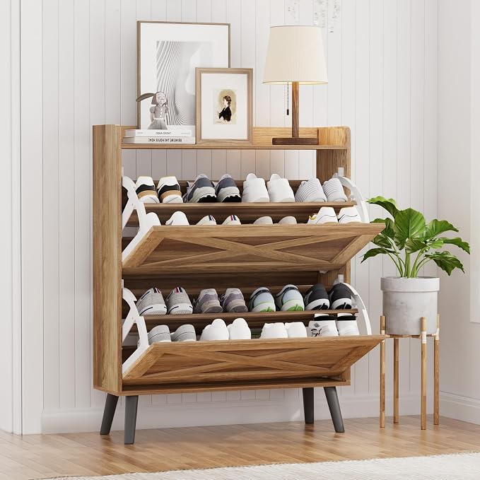 Homleke Farmhouse Shoe Storage Cabinet with Flip Drawers & Barn Door Design | Slim Narrow Shoe Rack Cabinet with Adjustable Shelves & Hidden Storage for Entryway, Hallway, Living Room, Rustic Walnut